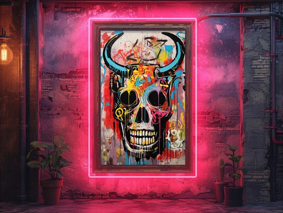 Demon Skull Graffiti Wall Art, Printable Digital, Halloween