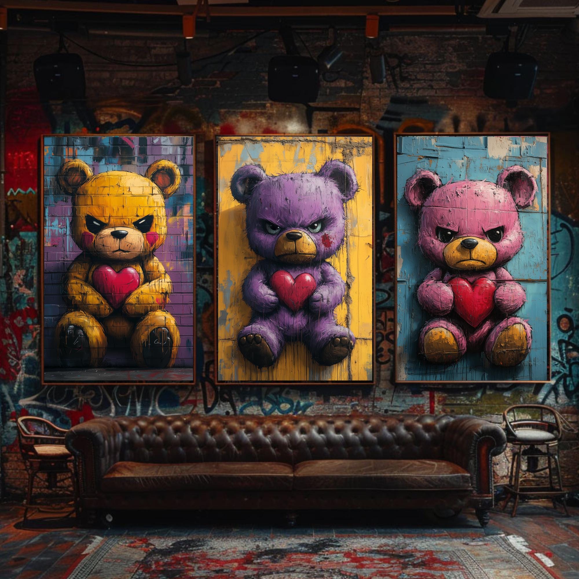 Angry Teddy Bear Graffiti Wall Art Set of 3, Urban Gallery Wall Decor, Street Art Printable Artwork, Funny Pop Art Print, Digital Download