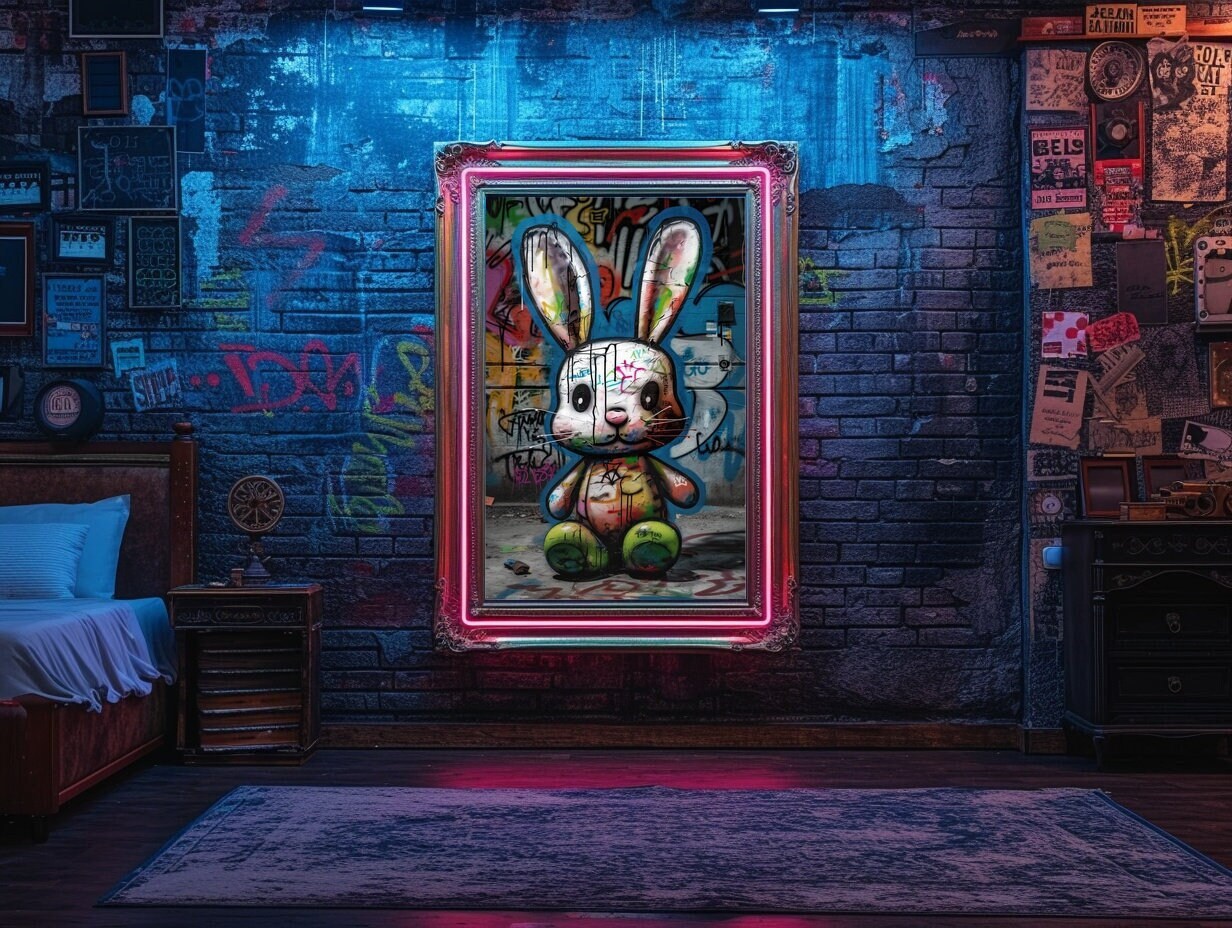Baby Bunny Graffiti Wall Art, Animal Cute Rabbit Graffiti Print, Modern, Urban, Street Graffiti Digital Art, Home, Office Wall Decor Poster