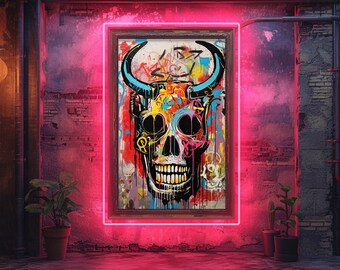 Skull With Horns Graffiti Wall Art, Digital Download, Scary