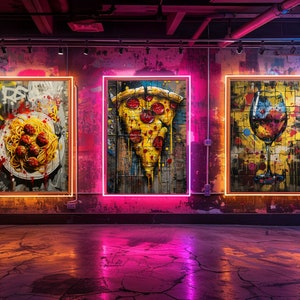 Food Graffiti Gallery Wall Set, Set of 3, Pizza, Spaghetti, Wine, Bold ...