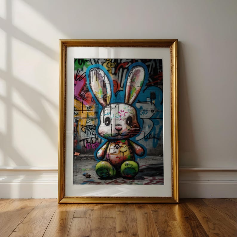 Grafiti Happy Rabbit Baby Bunny Graffiti Wall Art, Animal Cute Rabbit Graffiti Print, Modern ...
