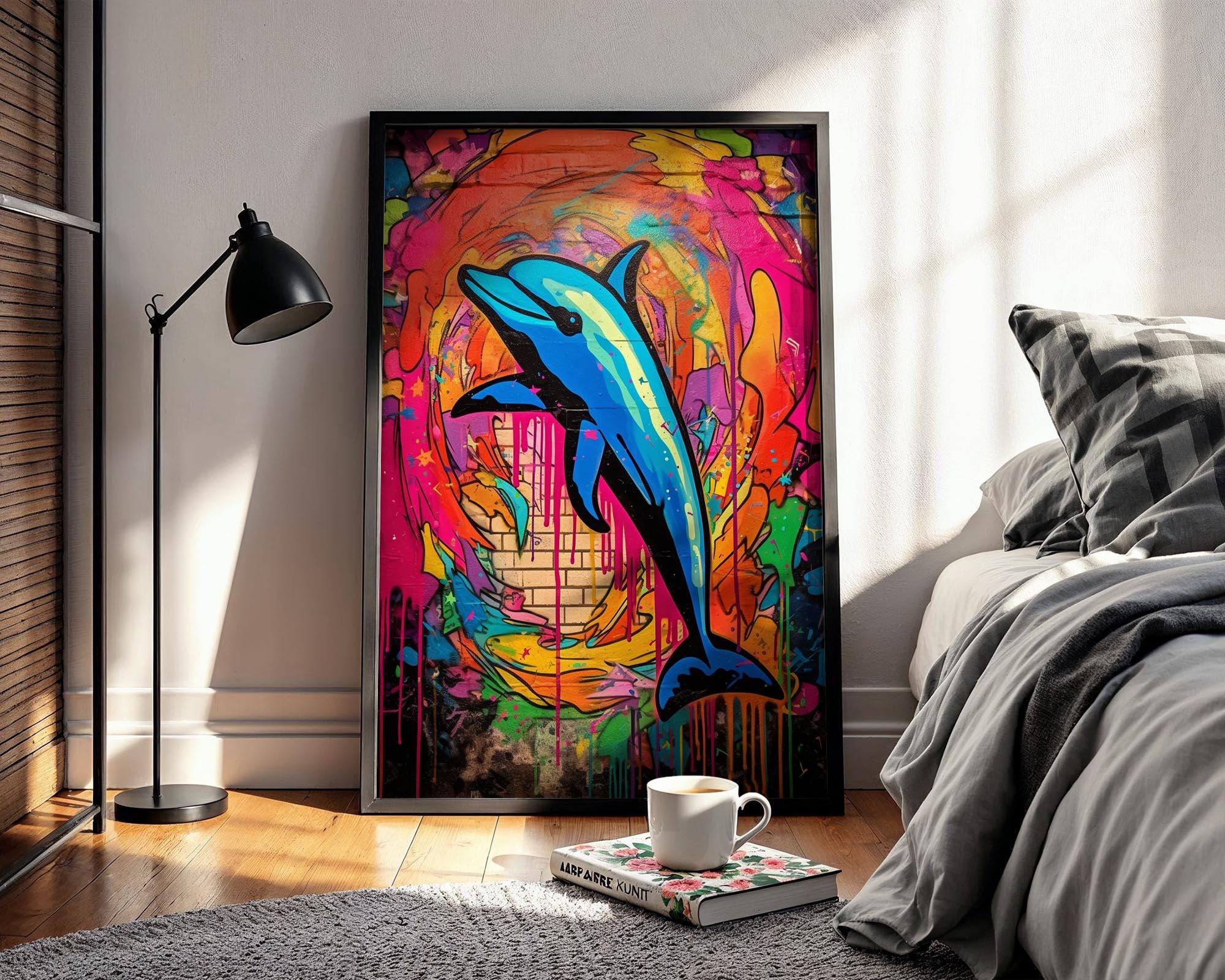 Dolphin Graffiti Wall Art, Oceanic Street Art, Modern Marine Life