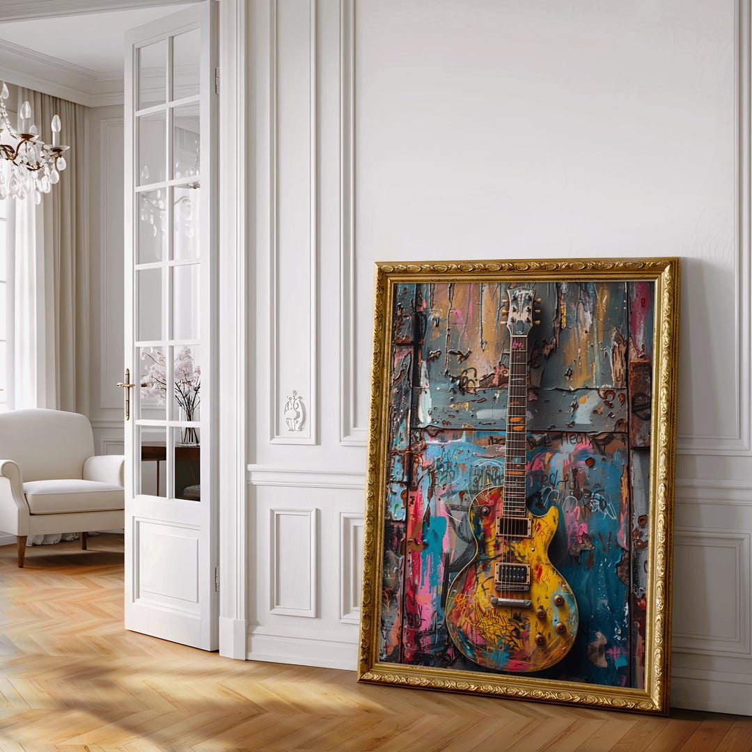 Bold Guitar Graffiti Art, Vibrant Urban Street Style Digital Print