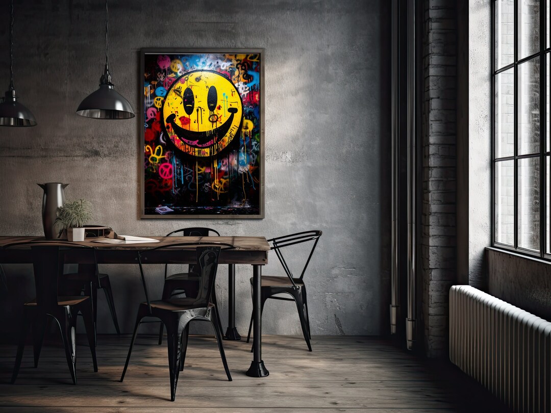 Smiley Face Graffiti Wall Art, Emoji Printable Digital Print, Happy