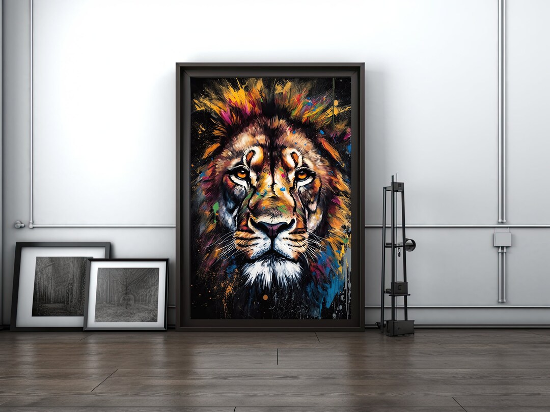 Lion Head Graffiti Wall Art, Wild Animal Lion Graffiti Print, Street Pop Graffiti, Digital