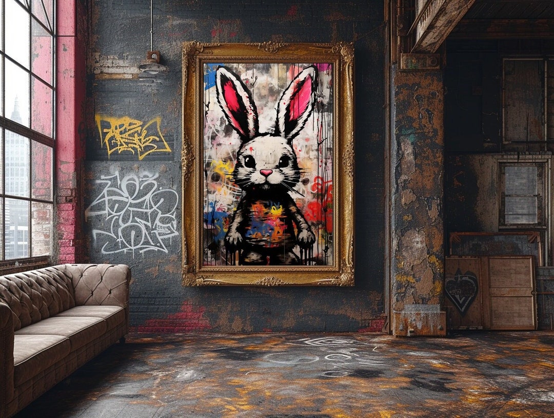 Urban Bunny Graffiti Print, Playful Rabbit Wall Art, Digital Street Art ...
