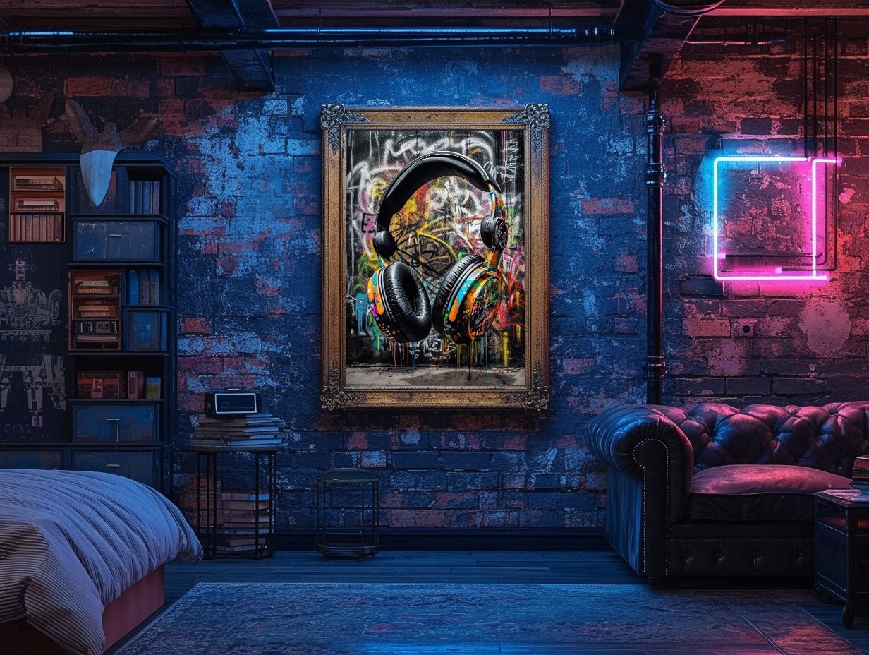 Headphones Graffiti Wall Art Print, Urban DJ Headphones