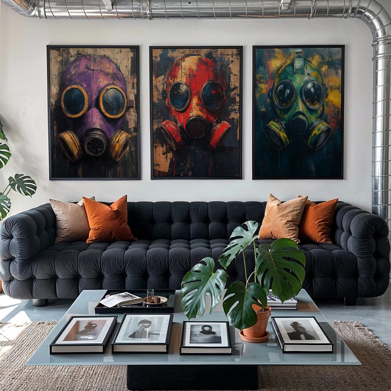 Gas Mask Graffiti Wall Art Set of 3, Colorful Street Art, Red, Green ...