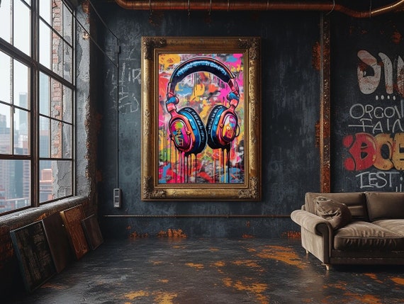 Music Headphones Graffiti Wall Art, DJ Headphones Graffiti