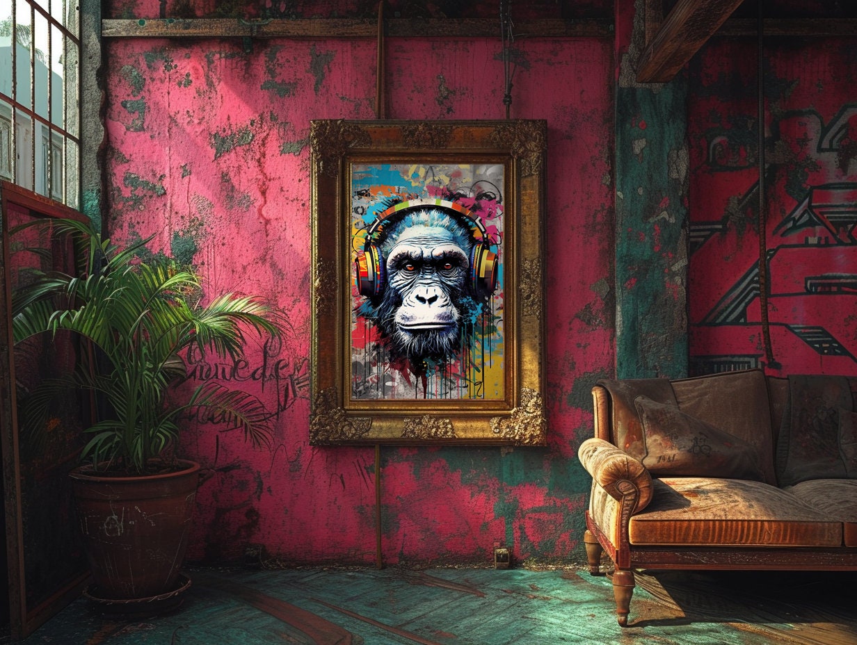 Monkey With Headphones Graffiti Wall Art, Digital Download, Colorful DJ