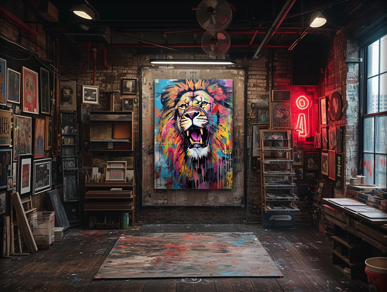 Lion abstrait coloré impression sur toile pop-art street graffiti