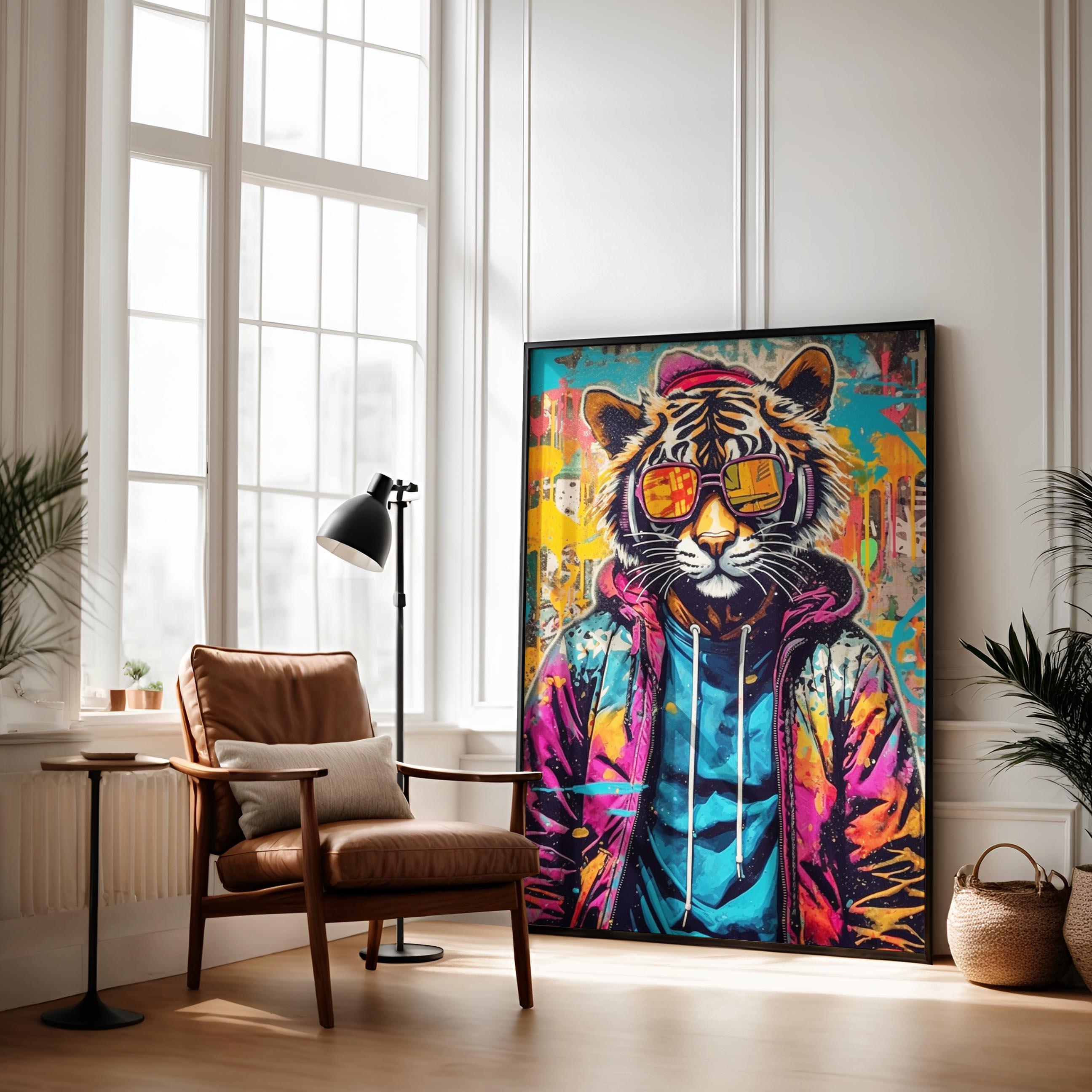 Tiger Wearing Glasses Graffiti Wall Art, Cool Bengal Tiger