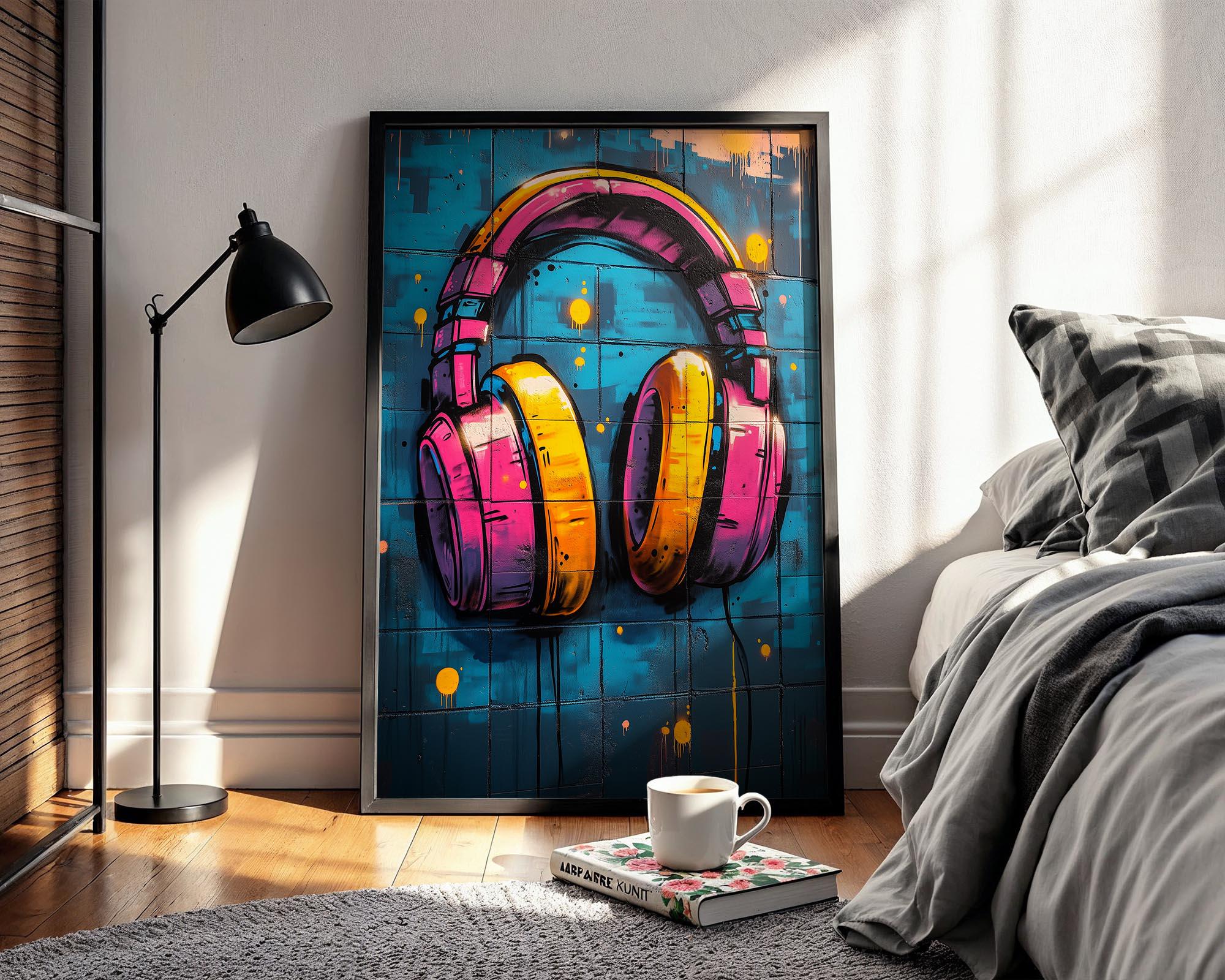 Poster decorativo da parete con le cuffie per ascoltare la musica, da parete, per soggiorno, camera da letto, 40 x 60 cm