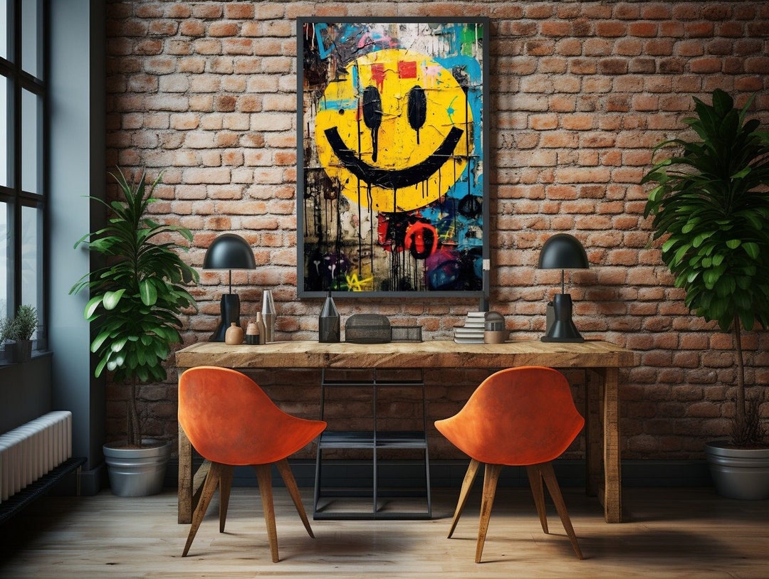 Emoji Smiley Face Street Art, Urban Graffiti Wall Decor, Digital Print, Contemporary Home
