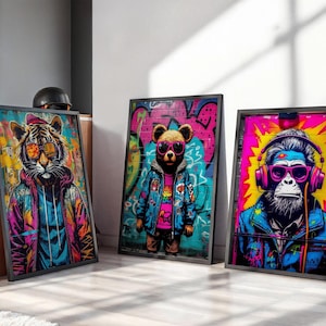 Juego de 3 impresiones de grafitis de animales para pared: mono, oso de peluche y tigre. Decoración urbana. Arte pop. Descarga digital.