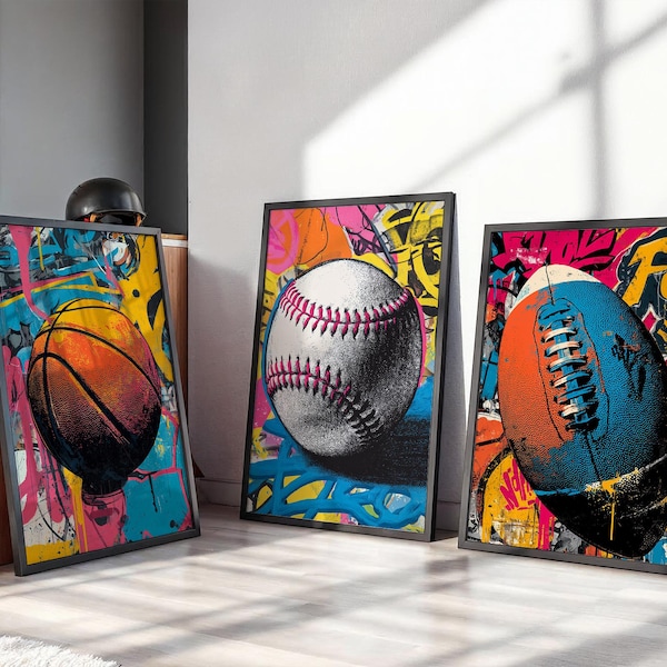 Pop Art Sports Wall Art Set Of 3, Graffiti Baseball Football Basketball Prints, Street Art Sports Decor Digital Download