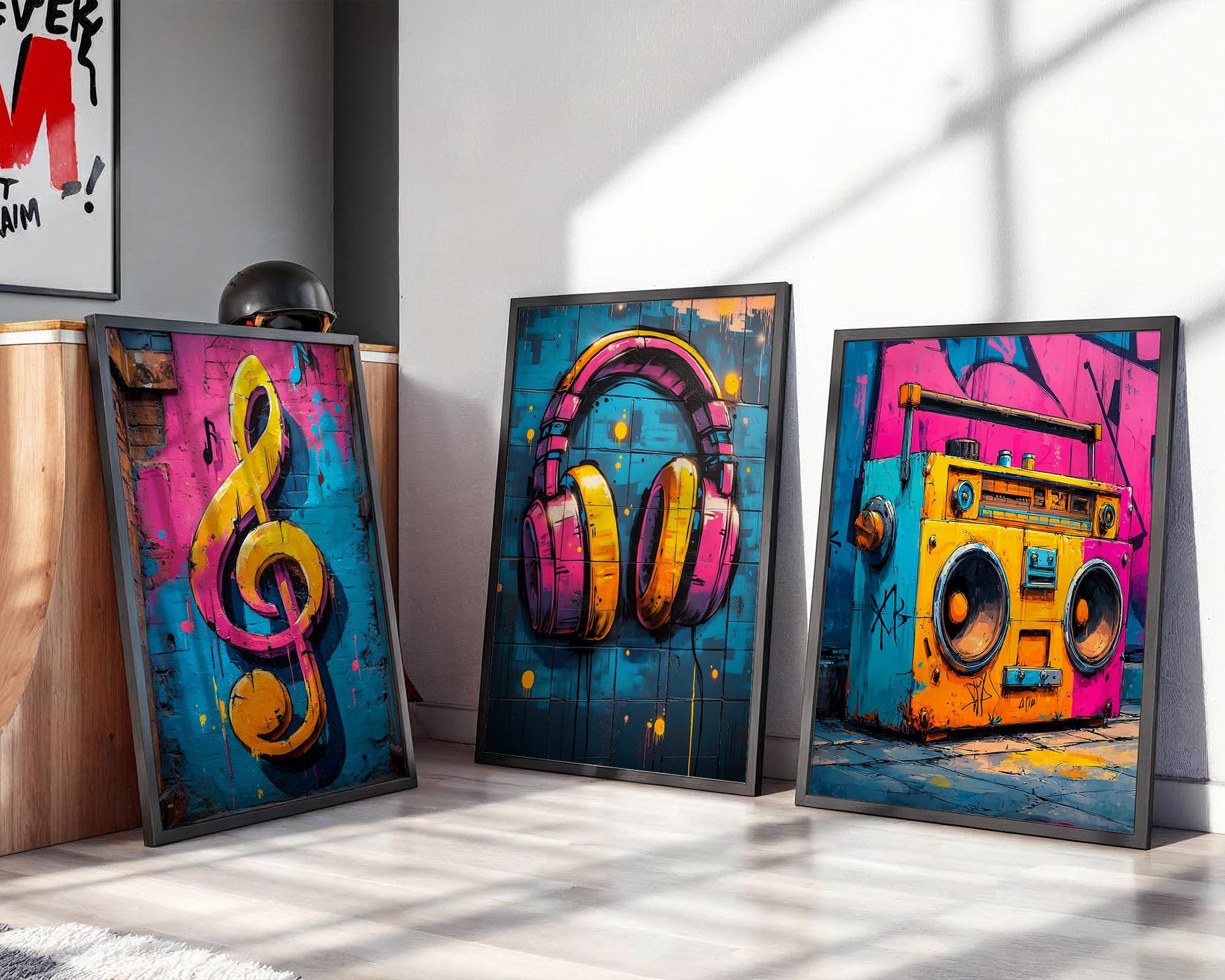Graffiti Music Wall Art Set of 3 Print, Boombox, Headphones, Music