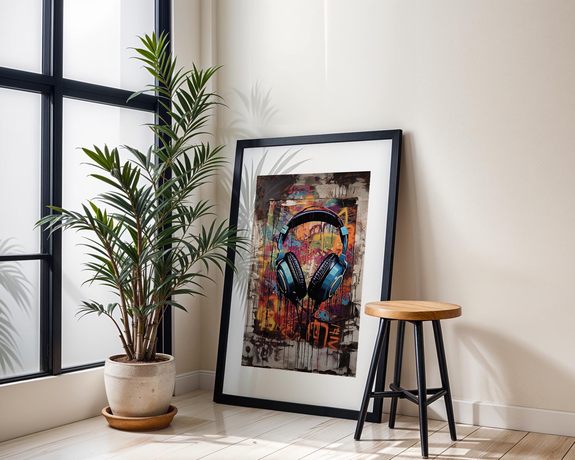 Urban Beats Headphones Art, Retro DJ Graffiti Wall Print, Music