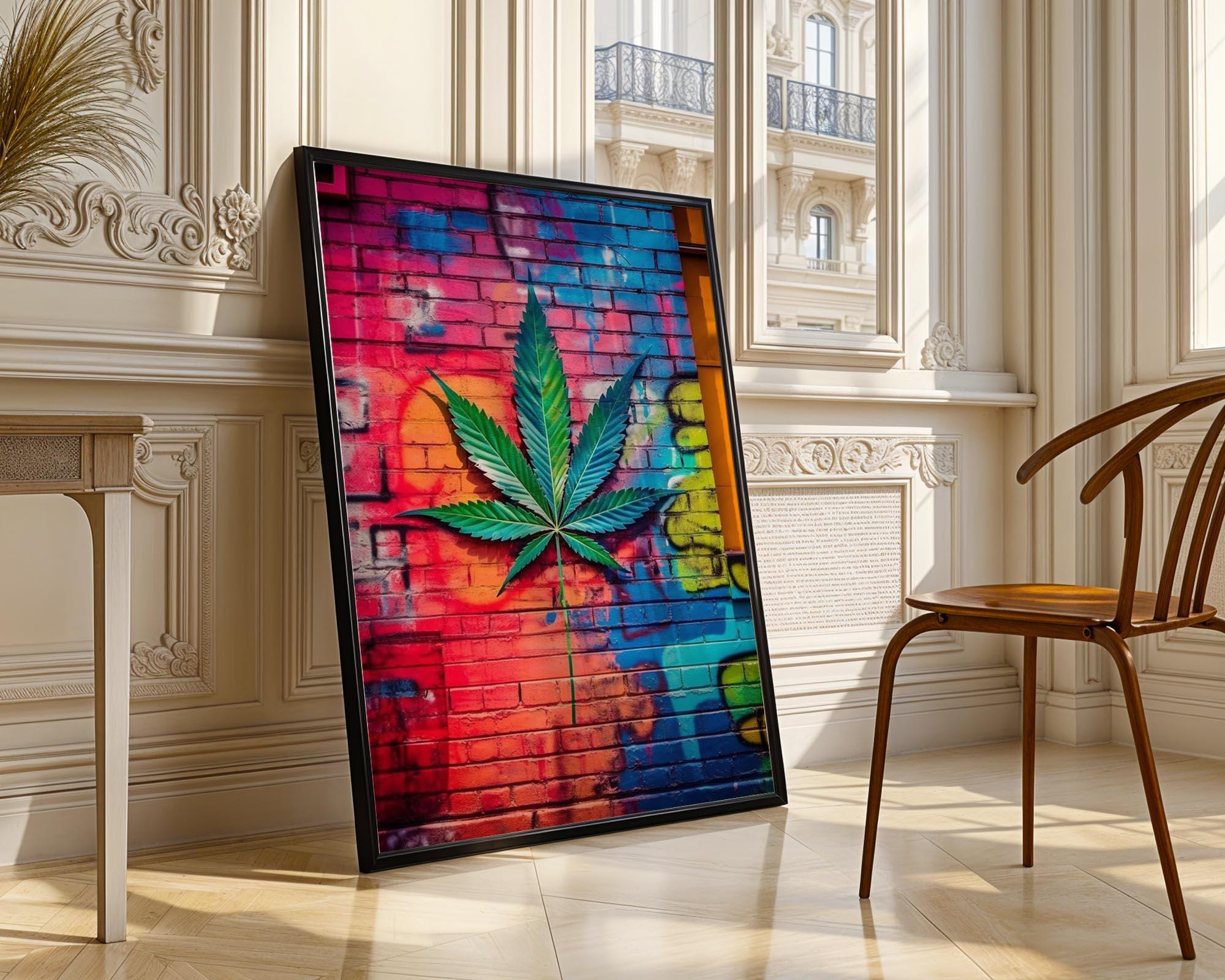 Weed Leaf Graffiti Wall Art, Hemp Leaf Graffiti Print, Marijuana
