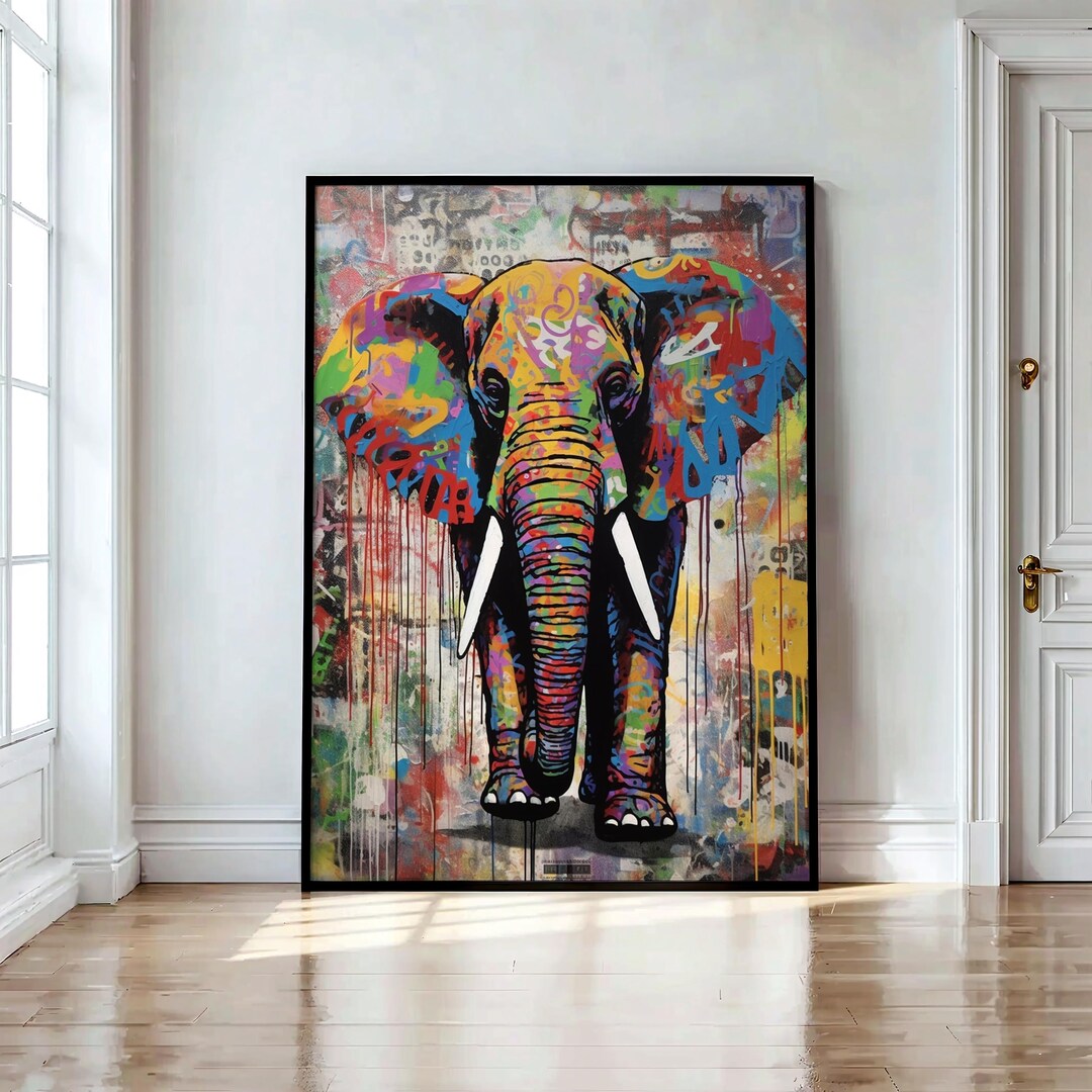 カラフルな動物アート作品 カラフルな象のストリートアート、グラフィティサファリ動物、都会の