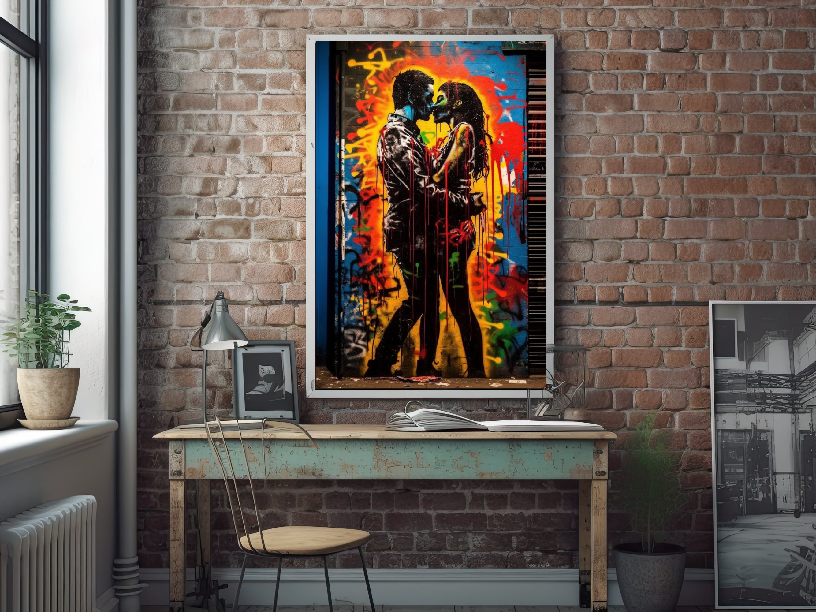 Couple Kissing Graffiti Wall Art, Digital Print, Kissing Wall Decor
