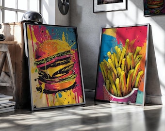 Graffiti Food Wall Art Set Of 2, Pop Art Burger And Fries Prints, Colorful Street Art Kitchen Decor, Digital Download