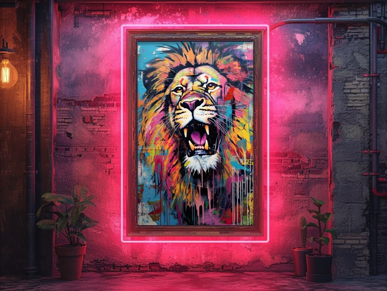 Lion Head Graffiti Wall Art, Printable Digital Colorful Lion Wall Decor ...