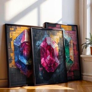 Arte mural de grafiti con piedras preciosas, conjunto de 3 láminas, póster de joyería de rubí, esmeralda y zafiro, arte pop urbano, descarga digital de arte callejero.