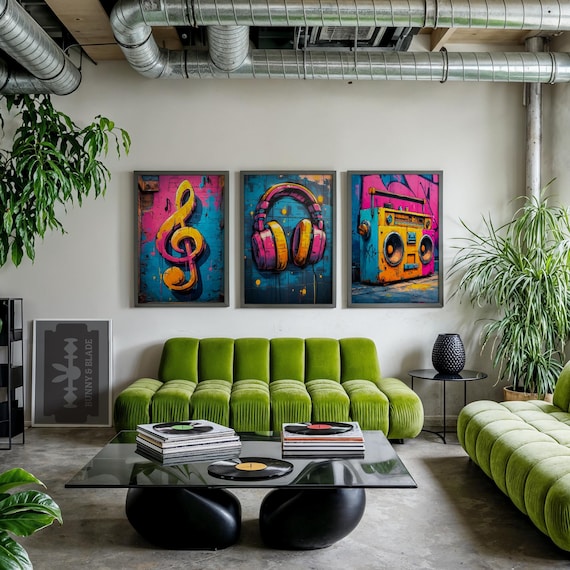 Graffiti Music Wall Art Set of 3 Print, Boombox, Headphones, Music