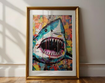 サメのグラフィティウォールアート、デジタル印刷可能、サメのアート