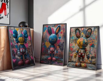 Hypebeast Graffiti Wall Art, Set of 3, Hypebeast Figure Printable Wall Decor, Bold and Colorful Street Art Prints, Digital Download
