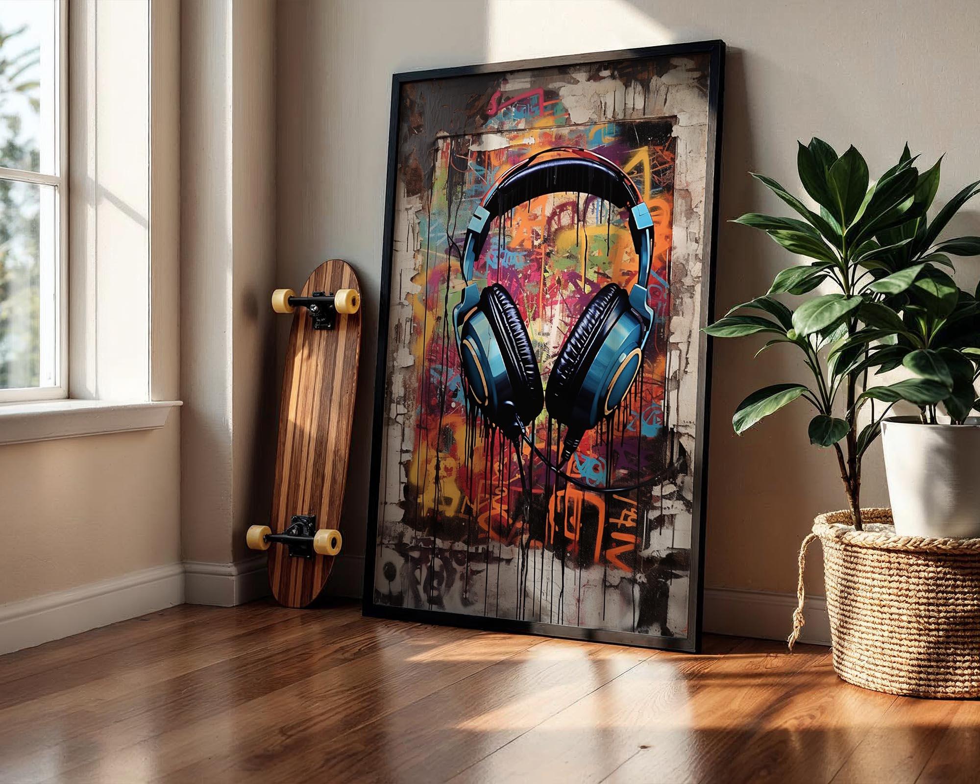 Urban Beats Headphones Art, Retro DJ Graffiti Wall Print, Music
