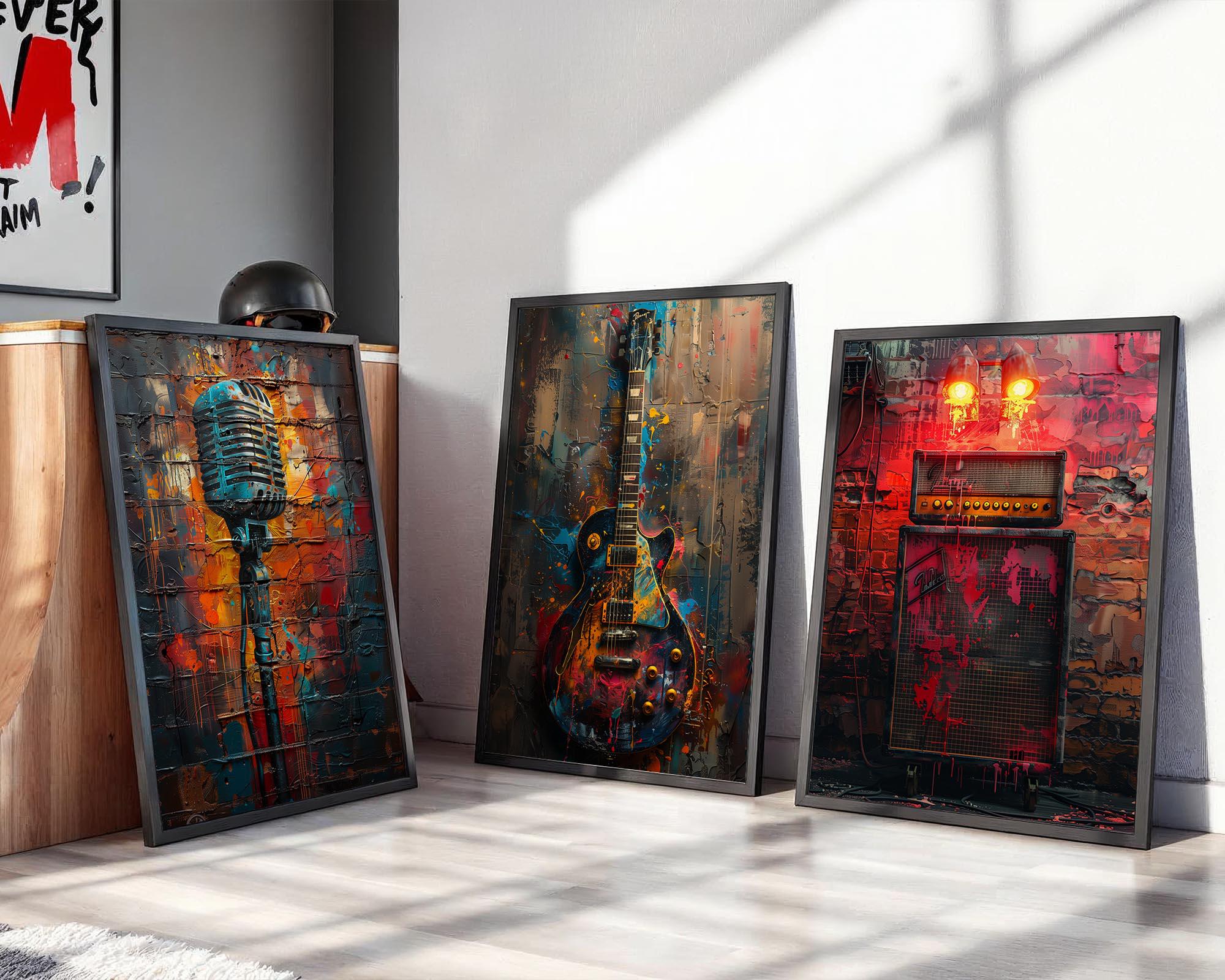 Set of 3 Music Graffiti Art Prints: Guitar, Amp & Microphone