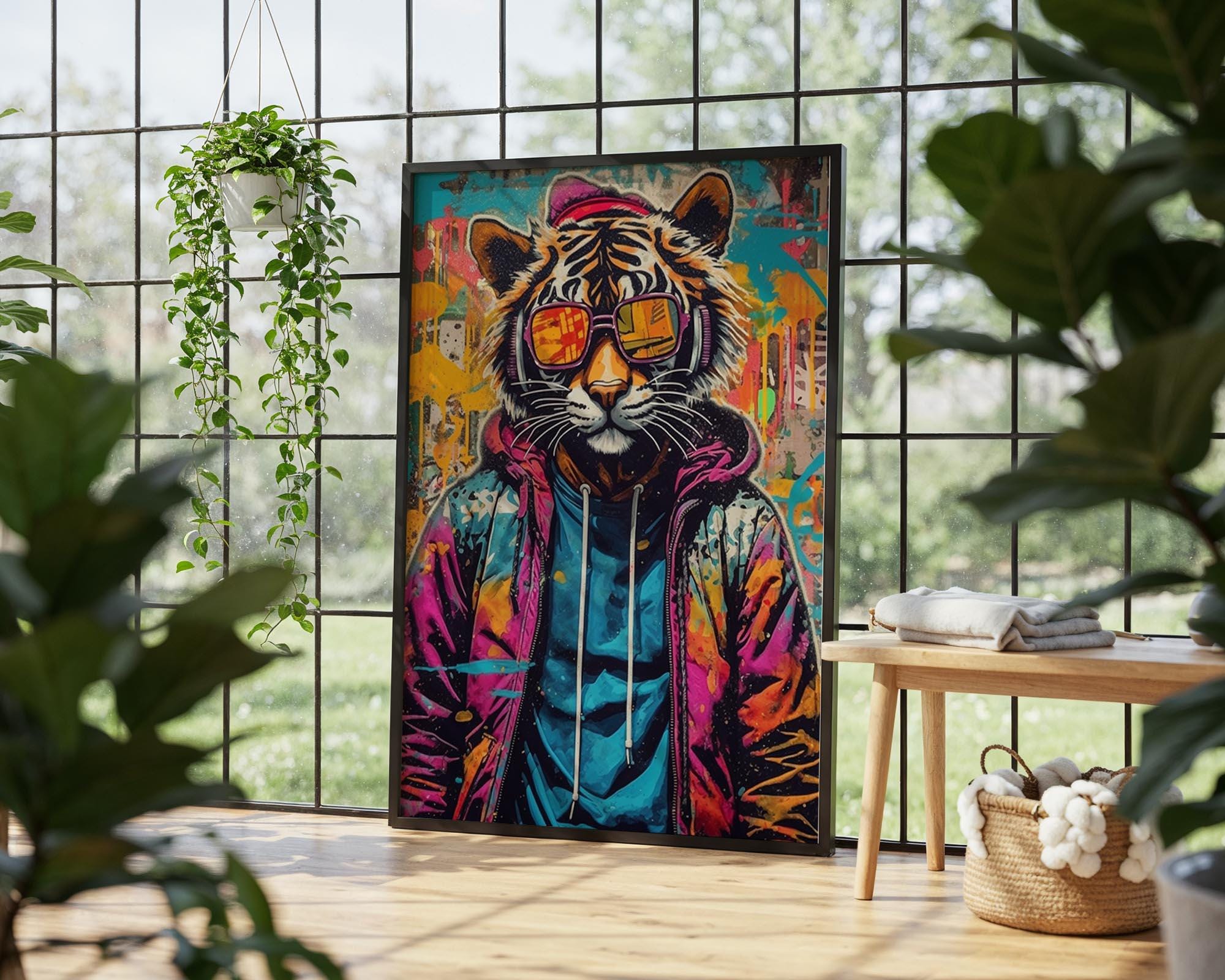 Tiger Wearing Glasses Graffiti Wall Art, Cool Bengal Tiger