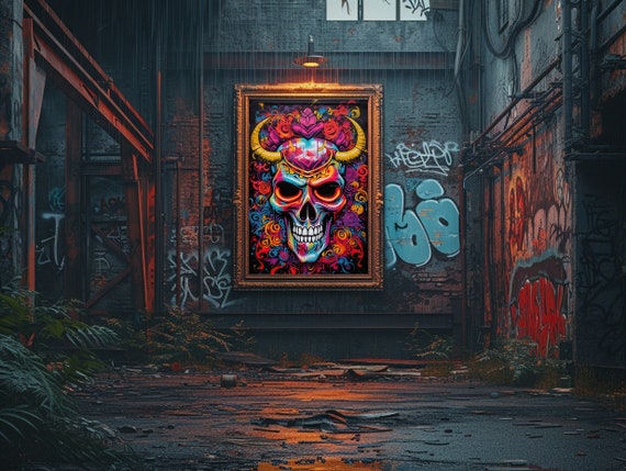 悪魔の頭蓋骨のグラフィティウォールアート、デジタル