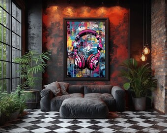 Music Headphones Graffiti Wall Art - Urban DJ Headphones