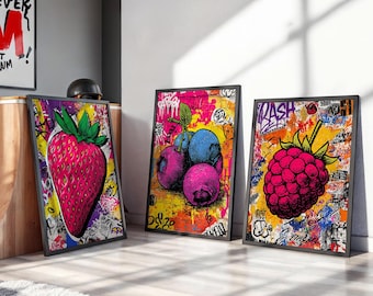 Pop Art Fruit Wall Art Set Of 3, Graffiti Strawberry Raspberry Blueberry Prints, Colorful Street Art Kitchen Decor Digital Download