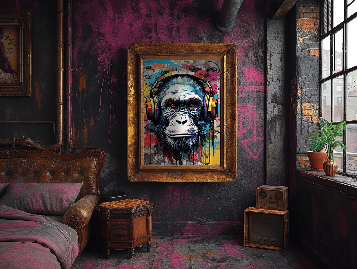 Monkey With Headphones Graffiti Wall Art, Digital Download, Colorful DJ
