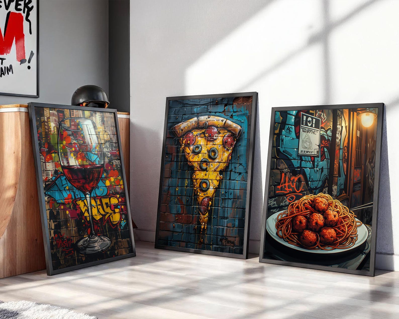 Food Graffiti Gallery Wall Set, Set of 3, Pizza, Spaghetti, Wine ...