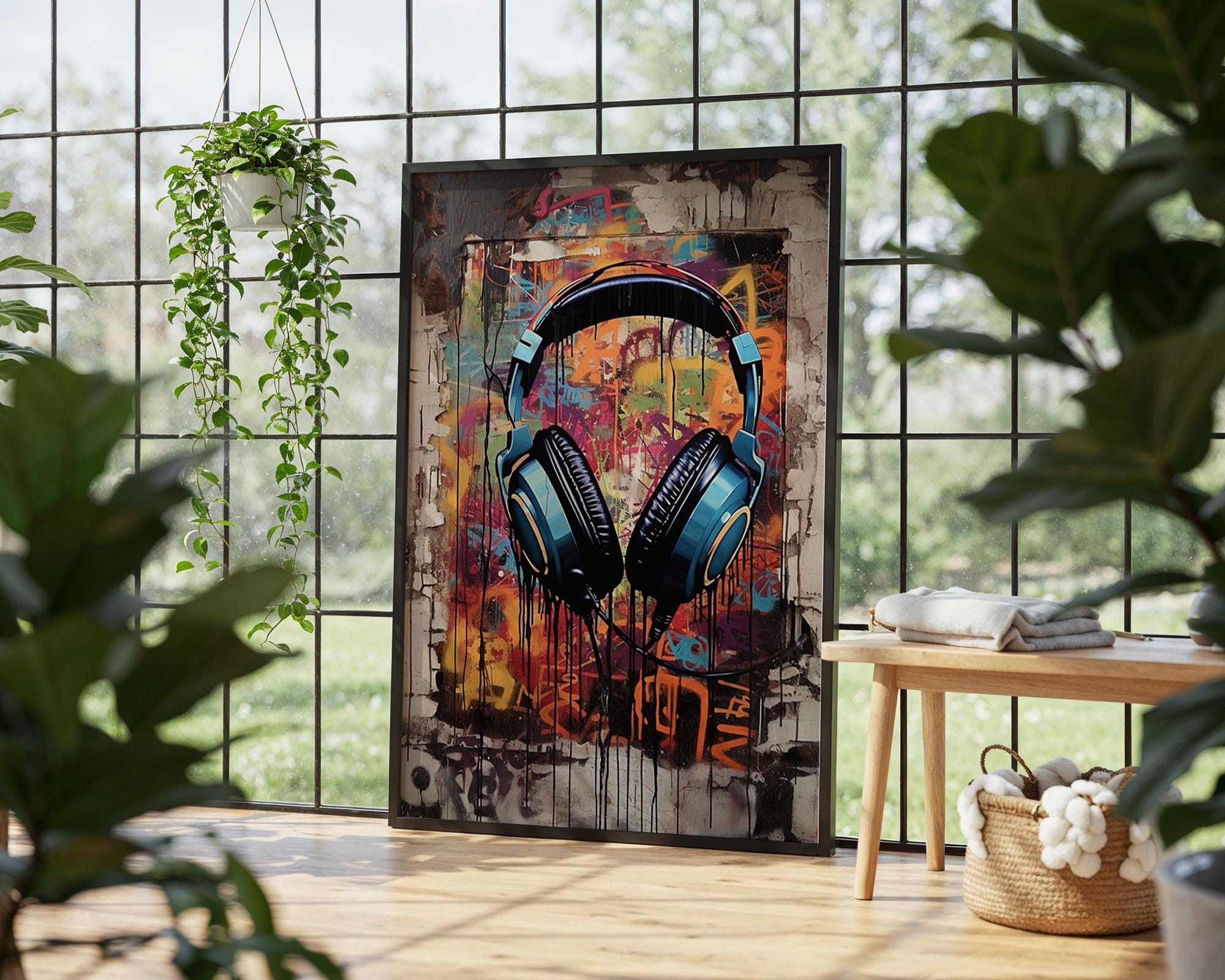 Urban Beats Headphones Art, Retro DJ Graffiti Wall Print, Music