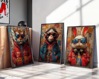 Animal Graffiti Set of 3 Wall Art, Bunny, Monkey, Tiger, Urban Style Pop Art Prints, Street Art, Modern Room Decor, Digital Download
