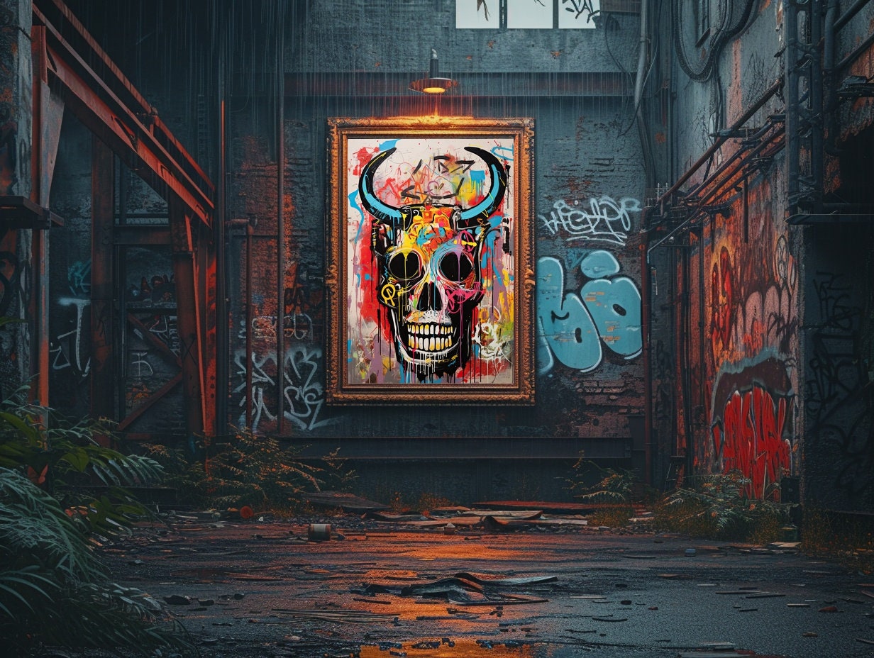 アート・デザイン・音楽 70s Decorative Art Skull With Horns Graffiti Wall Art, Digital Download, Scary