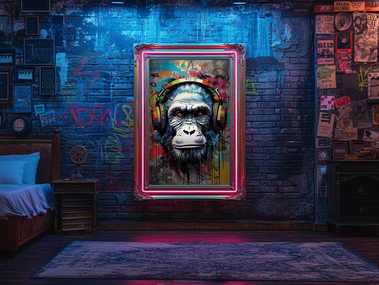 Monkey With Headphones Graffiti Wall Art, Digital Download, Colorful DJ