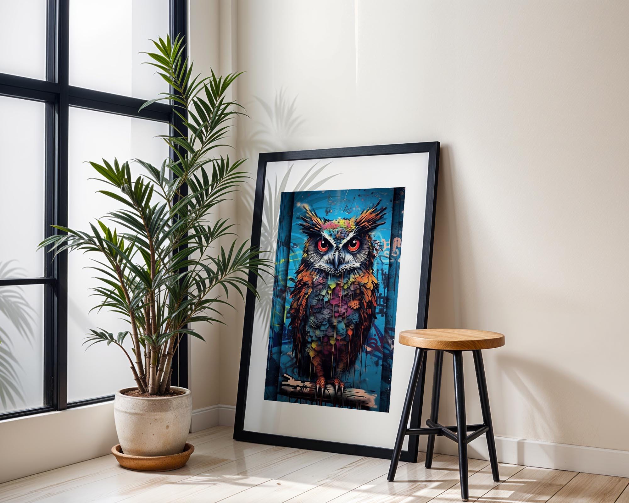 Owl Graffiti Wall Art, Printable Art, Night Owl Digital Art Poster Print, Colorful Cute Owl Street P