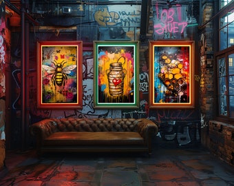 人気No.1 Graffiti Wall Set, Set of 3 Prints, Bee, Honeycomb, Honey 絵画