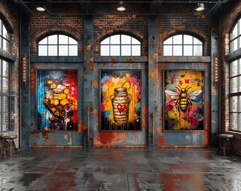 Graffiti Wall Set, Set of 3 Prints, Bee, Honeycomb, Honey