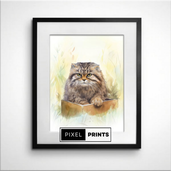 Watercolor Manul Pallas Cat Sitting in a Box Wall Art Print | Digital Download