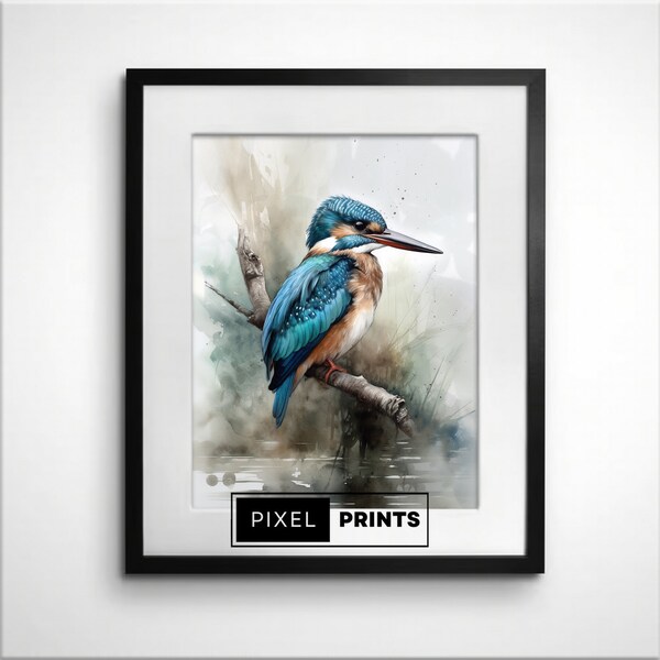 Watercolor King Fisher Bird Wall Art Print | Digital Download