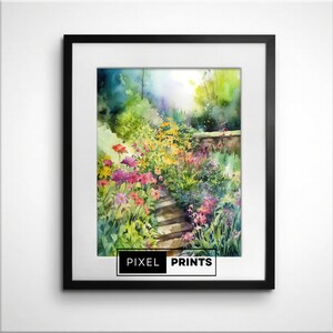 Aquarell Blumen Garten mit Stufen Wand Kunst Druck | Digitaler Download